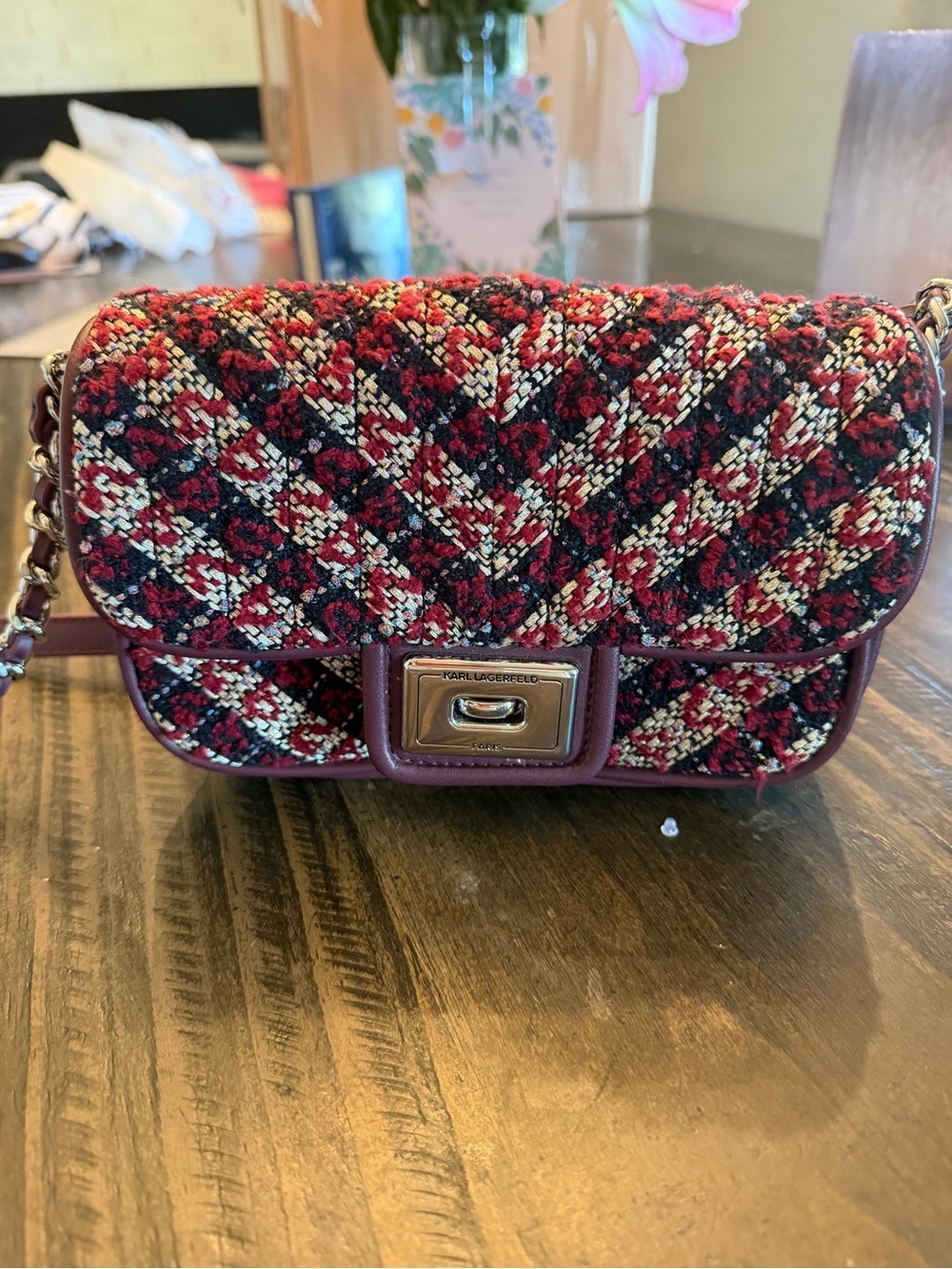 Karl Lagerfeld Red, Black and Cream Tweed Chain Crossbody